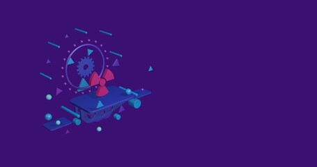Poster - Pink radiation symbol on a pedestal of abstract geometric shapes floating in the air. Abstract concept art with flying shapes on the left. 3d illustration on deep purple background