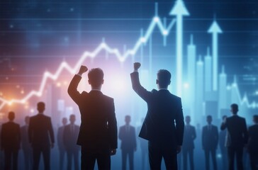 Poster - Two triumphant businessmen stand before a crowd, celebrating financial success depicted by upward-trending graphs.  A shared victory visualized against a backdrop of glowing data.