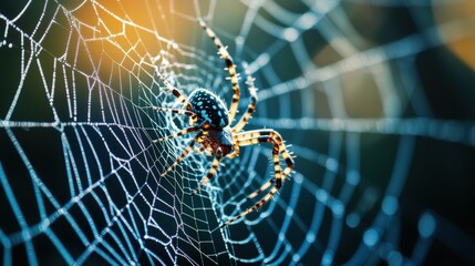 A detailed close-up of a spider on its intricate web.