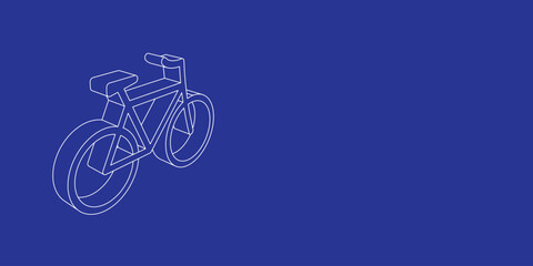 Poster - The outline of a large bicycle symbol made of white lines on the left. 3D view of the object in perspective. Vector illustration on indigo background