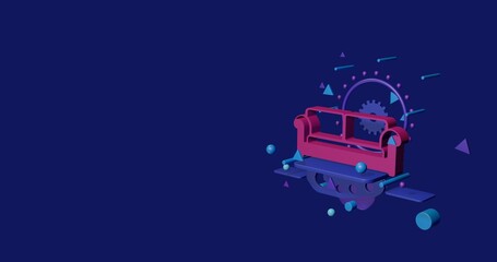 Poster - Pink sofa icon on a pedestal of abstract geometric shapes floating in the air. Abstract concept art with flying shapes on the right. 3d illustration on indigo background