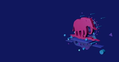 Poster - Pink wild elephant symbol on a pedestal of abstract geometric shapes floating in the air. Abstract concept art with flying shapes on the right. 3d illustration on indigo background