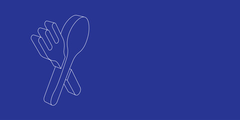 Poster - The outline of a large dinner time symbol made of white lines on the left. 3D view of the object in perspective. Vector illustration on indigo background