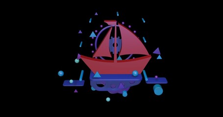 Poster - Red sailing boat symbol on a pedestal of abstract geometric shapes floating in the air. Abstract concept art with flying shapes in the center. 3d illustration on black background