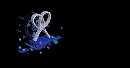 Poster - White crossed tennis rackets symbol on a pedestal of abstract geometric shapes floating in the air. Abstract concept art with flying shapes on the left. 3d illustration on black background