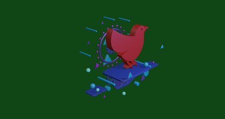 Poster - Red bird symbol on a pedestal of abstract geometric shapes floating in the air. Abstract concept art with flying shapes in the center. 3d illustration on green background