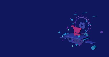 Poster - Pink shopping cart symbol on a pedestal of abstract geometric shapes floating in the air. Abstract concept art with flying shapes on the right. 3d illustration on indigo background