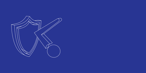 Poster - The outline of a large ball bounces off the shield symbol made of white lines on the left. 3D view of the object in perspective. Vector illustration on indigo background