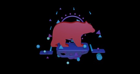 Poster - Red bear symbol on a pedestal of abstract geometric shapes floating in the air. Abstract concept art with flying shapes in the center. 3d illustration on black background