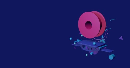 Poster - Pink 3D printing filament symbol on a pedestal of abstract geometric shapes floating in the air. Abstract concept art with flying shapes on the right. 3d illustration on indigo background