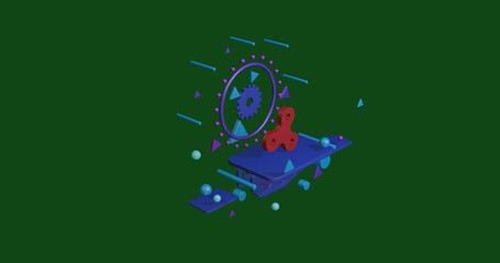 Poster - Red spinner symbol on a pedestal of abstract geometric shapes floating in the air. Abstract concept art with flying shapes in the center. 3d illustration on green background