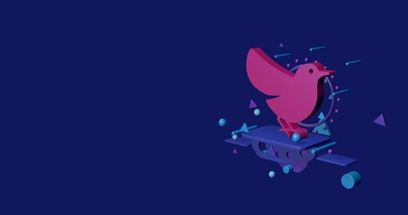 Poster - Pink bird symbol on a pedestal of abstract geometric shapes floating in the air. Abstract concept art with flying shapes on the right. 3d illustration on indigo background