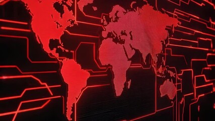 Poster - Global Network Map with Red Digital Circuit Pattern