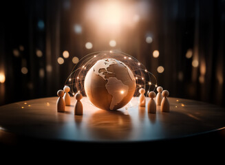 Leinwandbilder - This image presents a wooden globe surrounded by small wooden figures representing a community. The connected lights suggest global communication. The overall vibe is collaborative and connected on a 