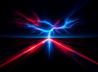 Fototapete - The image depicts a powerful, energetic display with vibrant colors, hinting at immense energy. A central, radiating point is highlighted against a dark background, with red and blue light trails exte