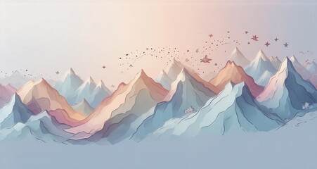Aufkleber - The image depicts a pastel watercolor painting of layered mountain peaks in a serene landscape. Hints of the sunrise, celestial details, and flowing gradients create a dreamy artistic feel.