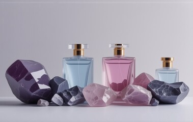 Fototapete - Elegant perfume bottles in pastel shades of pink and blue are nestled amongst polished stones, creating a luxurious and serene scene.