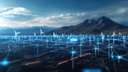 Poster - wind energy production mountainous landscape digital connectivity renewable energy aerial view futur