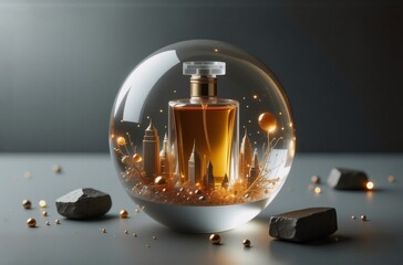 Aufkleber - A perfume bottle, amber liquid gleaming, sits within a crystal sphere.  Miniature cityscape, golden lights, and dark stones surround it, creating a luxurious, magical scene.