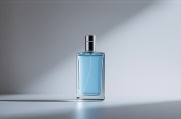 Fototapete - A light blue perfume bottle with a silver cap sits on a white surface, bathed in sunlight.  The minimalist aesthetic emphasizes the clean lines of the glass container.
