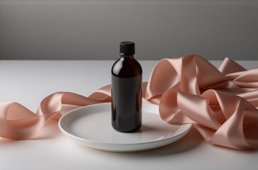 Poster - Amber glass bottle sits on a white plate, elegantly adorned with a blush pink silk ribbon.  The minimalist setting evokes a sense of luxury and sophistication.