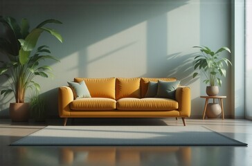 Poster - Sunlight streams into a minimalist living room, illuminating a mustard yellow sofa, flanked by potted plants and a side table.  The room features a muted green wall and a light-grey rug.