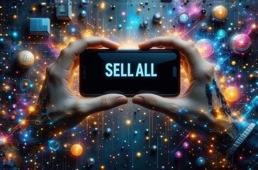 Fototapete - Image depicts hands holding a glowing phone with 