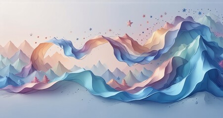 Poster - An abstract artwork features a flowing, layered design, resembling mountains and ribbons. Pastel colors blend and overlap, accompanied by scattered star shapes. The composition evokes a sense of fluid