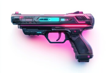 Poster - High-tech futuristic pistol with neon accents displayed on a clean surface under bright lighting