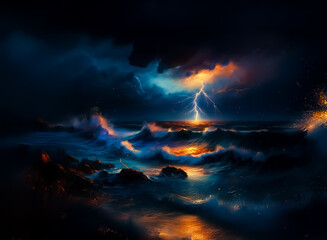 Poster - A dramatic seascape at night with a lightning bolt illuminating the horizon. Dark, turbulent waves crash against the shore under a stormy, cloudy sky.