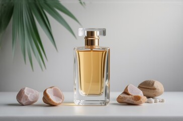 Poster - Elegant perfume bottle with a gold cap sits on a white surface, next to smooth stones and tropical leaves.  A hint of luxury and natural elements.