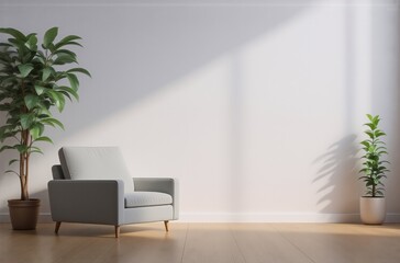 Poster - Sunlight streams into a minimalist room, illuminating a light grey armchair and potted plants against a white wall.  The hardwood floor adds warmth.