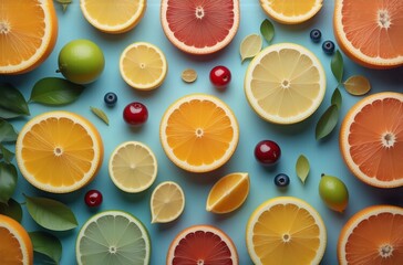 Aufkleber - A vibrant flat lay showcasing an assortment of citrus fruit slices, berries, and leaves arranged on a light blue background.  The composition is colorful and visually appealing, suggesting freshness a