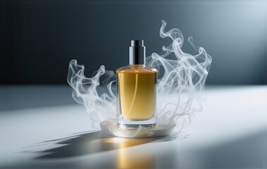 Poster - Elegant amber perfume bottle,  surrounded by ethereal smoke, sits on a sleek surface, casting a soft shadow.  The image evokes a sense of luxury and mystery.