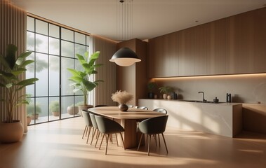 Poster - Sunlit minimalist dining room with large window, wooden walls, and sleek furniture.  Neutral tones create a serene atmosphere.