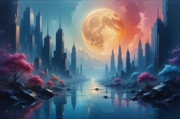Aufkleber - A serene cityscape at twilight, reflecting in a calm river under a massive, vibrant full moon.  Pink trees line the water's edge, adding a touch of fantasy to the futuristic scene.