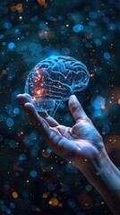 Poster - Hand holding a digital brain, abstract background