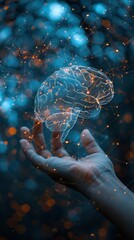 Poster - Hand holding holographic brain, network connections, bokeh background