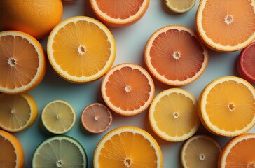 Aufkleber - A vibrant flat lay showcasing a variety of citrus fruit slices, including oranges, lemons, limes, and grapefruits, arranged on a light blue background.  The image emphasizes color and texture.