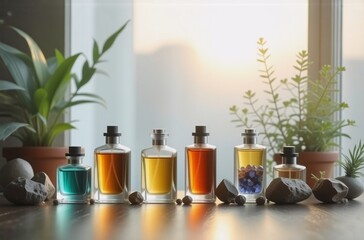Poster - Sunlight streams through a window, illuminating a row of six elegant perfume bottles.  Surrounding them are potted plants and smooth stones, creating a tranquil, natural scene.