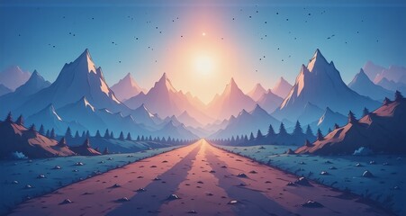 Poster - A sunlit vista unveils a pathway between majestic mountains. The road suggests journey. The radiant sun bathes the scene in its golden light, symbolizing hope. Trees line the way.