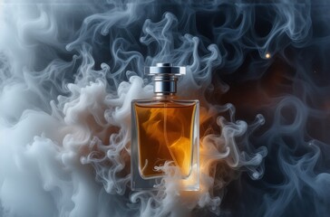 Poster - A glass perfume bottle with amber liquid sits amidst swirling, ethereal smoke.  The smoke is predominantly white and gray, with hints of blue and orange light.