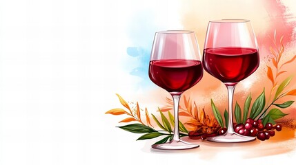 Poster - Two wine glasses filled with red wine are positioned among decorative leaves and berries against a watercolor background.