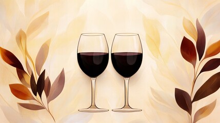 Poster - Two wineglasses are filled with dark red wine amidst artistic leaf decorations on a light beige background.