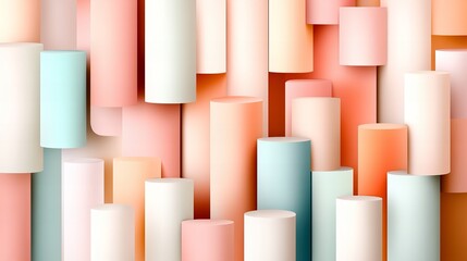 Poster - Various pastel cylinders are arranged vertically, overlapping, and closely packed in a bright, soft-lit setting.