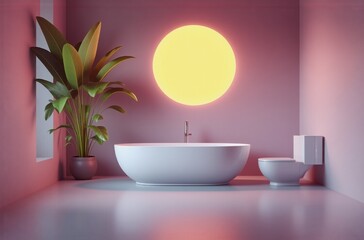 Poster - Serene minimalist bathroom design featuring a freestanding tub, toilet, and a large circular light fixture.  Tropical plant adds a touch of nature. Soft pink walls and floor create a calming ambiance.