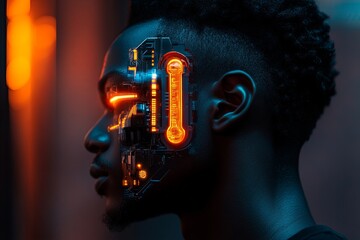 Poster - Man with cybernetic enhancements in a neon-lit urban environment during nighttime