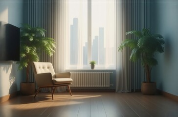 Poster - Sunlit living room with hardwood floors, large window showing a city skyline, teal curtains, two potted palm plants flanking a comfortable armchair, and a wall-mounted TV.