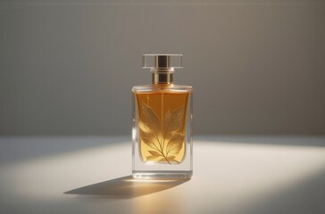 Poster - A rectangular glass perfume bottle, filled with amber liquid, sits on a white surface.  Sunlight highlights the bottle and its etched leaf design. The elegant fragrance is subtly showcased.