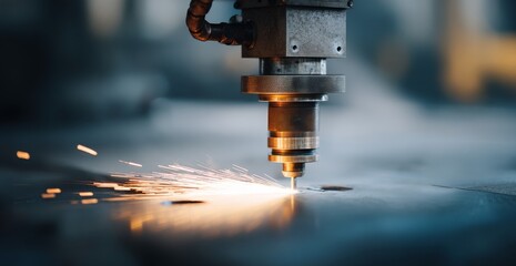 Poster - Close-Up of an Industrial Machine in Motion Creating Sparks During a Metal Cutting Process